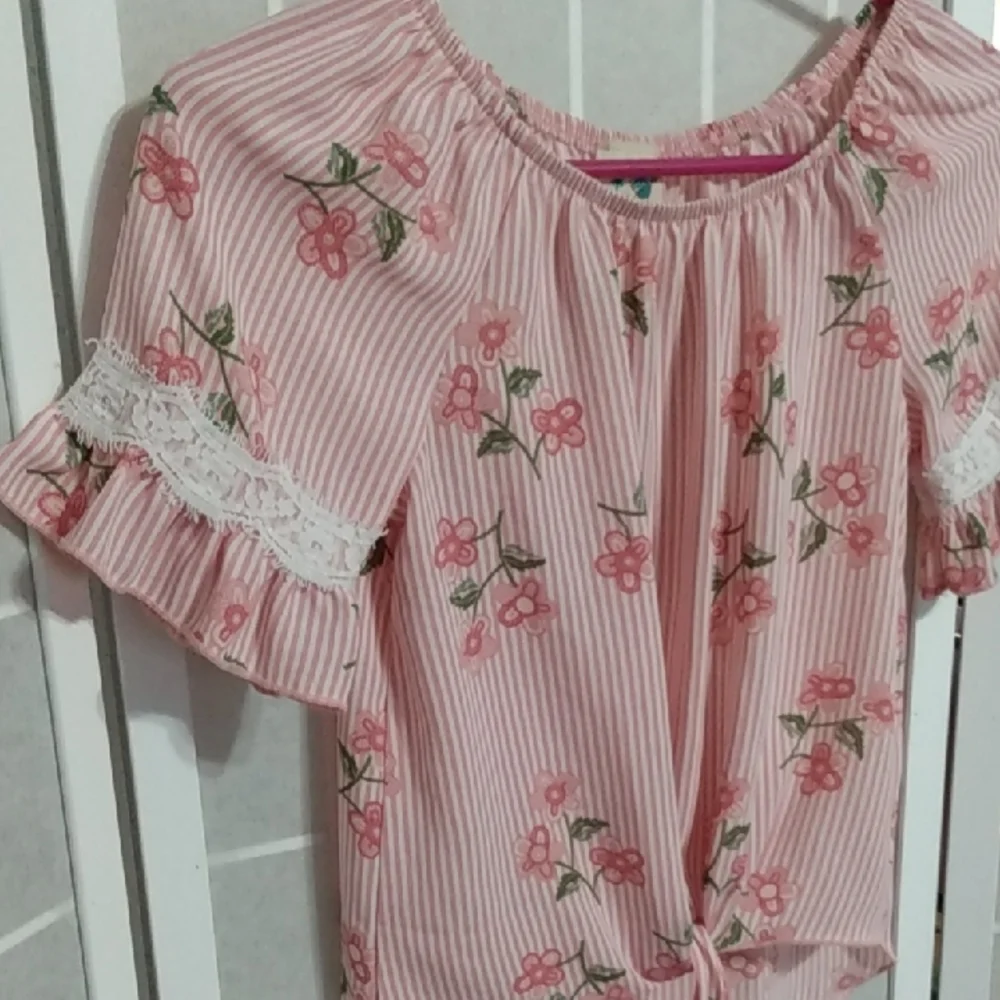 Lily Bleu Girls Pink‎ Stripe Floral Tie Front Top Size L 14